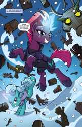 Size: 750x1155 | Tagged: safe, artist:tonyfleecs, idw, imported from derpibooru, glitter drops, tempest shadow, pony, timber wolf, unicorn, nightmare knights, spoiler:comic, broken horn, dialogue, duo, female, horn, magic, mare, speech bubble