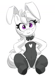 Size: 1522x2110 | Tagged: safe, artist:pabbley, imported from derpibooru, amethyst star, sparkler, pony, unicorn, black and white, bunny ears, bunny suit, clothes, eye clipping through hair, female, grayscale, hoof on hip, looking at you, mare, monochrome, partial color, simple background, smiling, smiling at you, solo, stockings, thigh highs, white background