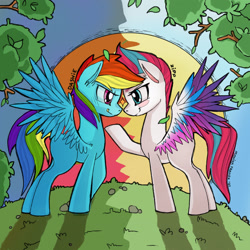 Size: 1920x1920 | Tagged: safe, artist:redi, imported from derpibooru, rainbow dash, zipp storm, pegasus, pony, blushing, colored wings, duality, eye contact, female, g5, grass, grin, leaning forward, looking at each other, looking at someone, mare, multicolored wings, raised hoof, shadow, signature, smiling, smiling at each other, spread wings, sun, tree, wings