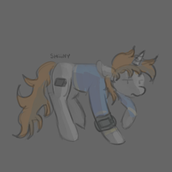 Size: 2000x2000 | Tagged: safe, artist:shiiiny, imported from derpibooru, oc, oc only, oc:littlepip, pony, unicorn, fallout equestria, clothes, ears back, female, gray background, jumpsuit, mare, pipbuck, raised hoof, signature, simple background, solo, standing, vault suit