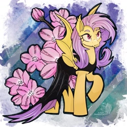 Size: 1620x1620 | Tagged: safe, artist:redi, imported from derpibooru, fluttershy, bat pony, pony, bat ponified, cape, clothes, fangs, female, flower, flutterbat, g4, mare, race swap, raised hoof, solo, spread wings, standing, wings