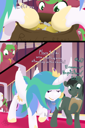 Size: 1600x2400 | Tagged: safe, artist:parallel black, imported from derpibooru, princess celestia, oc, oc:dustermark, series:celly sunday, annoyed, bits, canterlot castle, comic, dialogue, digital art, money