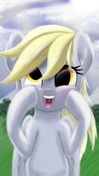Size: 2160x3840 | Tagged: safe, artist:stellardust, imported from derpibooru, derpy hooves, pegasus, pony, 4k, cloud, cloudy, cute, derpabetes, ear fluff, eye reflection, female, grass, happy, high res, lineless, mare, open mouth, rainbow, reflection, solo