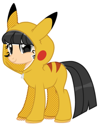Size: 1601x2016 | Tagged: safe, artist:kellysweet1, derpibooru exclusive, imported from derpibooru, oc, oc only, oc:hanako, earth pony, pikachu, pony, belt, clothes, cosplay, costume, crossover, female, hoodie, mare, older, pokémon, simple background, solo, transparent background