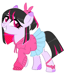 Size: 2079x2168 | Tagged: safe, artist:kellysweet1, derpibooru exclusive, imported from derpibooru, oc, oc only, oc:hera-chan, earth pony, pony, bow, clothes, female, grin, hair bow, hoodie, mare, raised hoof, simple background, skirt, smiling, solo, transparent background