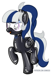 Size: 3173x4700 | Tagged: source needed, safe, artist:jennieoo, imported from twibooru, oc, oc only, pegasus, pony, blue eyeshadow, collar, eyeshadow, female, folded wings, goggles, hair tie, image, latex, latex mask, latex suit, looking left, makeup, mare, open smile, patreon, png, ponytail, purple eyes, raised hoof, raised leg, simple background, smiling, solo, solo female, standing, transparent background, two toned mane, two toned tail, url, white coat, wings