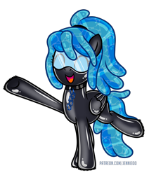 Size: 3683x4343 | Tagged: source needed, safe, artist:jennieoo, imported from twibooru, oc, oc only, goo, goo pony, original species, pegasus, pony, blue coat, blue mane, blue tail, collar, eyes closed, female, folded wings, goggles, image, latex, latex mask, latex suit, mare, open smile, patreon, png, raised hoof, raised leg, simple background, smiling, solo, solo female, standing, transparent background, url, wings