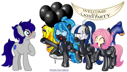 Size: 4920x2780 | Tagged: source needed, safe, artist:jennieoo, imported from twibooru, oc, oc only, earth pony, goo, goo pony, original species, pegasus, pony, balloon, banner, blue coat, blue eyeshadow, blue mane, blue tail, blushing, collar, eyes closed, eyeshadow, female, folded wings, goggles, gray coat, group, hair tie, hoof on chest, image, inflatable toy, latex, latex mask, latex suit, looking at each other, looking left, makeup, male, mare, open smile, party, patreon, pink mane, pink tail, png, ponytail, purple eyes, raised hoof, raised leg, side view, simple background, smiling, stallion, standing, transparent background, two toned mane, two toned tail, url, white coat, wings, yellow coat