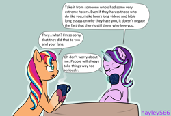 Size: 3264x2226 | Tagged: safe, artist:hayley566, imported from derpibooru, starlight glimmer, sunny starscout, earth pony, pony, unicorn, comic, duo, female, g4, g5, g5 to g4, generation leap, guidance counselor, speech bubble, text