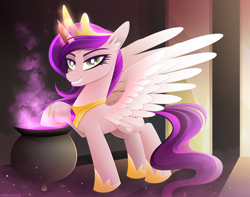 Size: 3290x2588 | Tagged: safe, artist:andaluce, imported from derpibooru, pipp petals, alicorn, pony, alicornified, cauldron, colored wings, crown, eyebrows, female, g5, glowing, glowing horn, grin, high res, horn, jewelry, lineless, looking at you, mare, mlp fim's twelfth anniversary, pippcorn, race swap, regalia, skinny pipp, slim, smiling, smiling at you, solo, spread wings, thin, wings