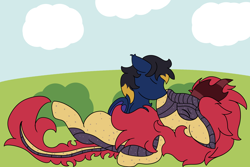 Size: 6000x4000 | Tagged: safe, artist:eminent entropy, imported from derpibooru, oc, oc only, oc:ferox, oc:midnight breeze, bat pony, kirin, pony, bat pony oc, cloud, couple, cute, duo, eyes closed, kirin oc, kissing, lying down, on back, size difference