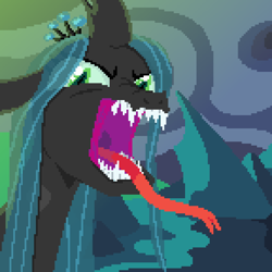 Size: 720x720 | Tagged: safe, artist:loose noose, imported from derpibooru, queen chrysalis, changeling, changeling queen, angry, black body, blue hair, cave, crown, fangs, female, forked tongue, green eyes, hissing, jewelry, long tongue, looking at you, open mouth, pixel art, regalia, rock, sharp teeth, slit pupils, solo, teeth, tongue out, uvula