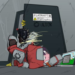 Size: 3000x3000 | Tagged: safe, artist:captainhoers, artist:stormwing, imported from derpibooru, oc, oc:lavender bloom (nighthaze), bat pony, armor, bat pony oc, chainsaw, colored, computer, door, exosuit, laptop computer, nighthaze, offscreen character, panic, power armor, red faction, spacesuit, ultor