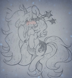 Size: 960x1045 | Tagged: safe, artist:starkey, imported from derpibooru, starlight glimmer, oc, pony, unicorn, barrette, crescent moon, embarrassed grin, full body, long mane, long tail, monochrome, moon, smiling, solo, stars, tail, traditional art