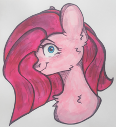 Size: 960x1056 | Tagged: safe, artist:starkey, imported from derpibooru, pinkie pie, earth pony, pony, blue eyes, bust, chest fluff, ear fluff, insanity, pink hair, pinkamena diane pie, portrait, smiling, solo, traditional art