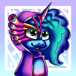 Size: 1378x1378 | Tagged: safe, artist:dannonhynha, imported from derpibooru, pony, unicorn, spoiler:g5, spoiler:my little pony: tell your tale, spoiler:tyts01e30, adorable face, clothes, costume, cute, female, freckles, g5, halfbody, halloween, halloween costume, holiday, looking up, mare, misty brightdawn, mistybetes, mlp fim's twelfth anniversary, my little pony: tell your tale, nightmare night, nightmare night party, open mouth, puppy dog eyes, smiling, solo