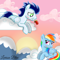 Size: 900x900 | Tagged: safe, artist:mlplary6, imported from derpibooru, rainbow dash, soarin', pegasus, pony, blushing, cloud, cute, female, flower, g4, looking at each other, looking at someone, male, mare, mountain, romantic, rose, shipping, smiling, smiling at each other, soarindash, stallion, straight, sunset
