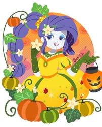 Size: 766x949 | Tagged: safe, artist:efuji_d, imported from derpibooru, rarity, human, equestria girls, autumn, clothes, cornucopia, cornucopia costumes, dress, evening gloves, female, gloves, grin, inflatable dress, lantern, long gloves, paper lantern, pumpkin, simple background, smiling, solo, white background