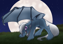 Size: 7015x4914 | Tagged: safe, artist:feather_bloom, imported from derpibooru, oc, oc:feather_bloom, bat pony, pony, bat pony oc, bat wings, detailed background, fangs, moon, nightmare night, shading, sharp teeth, slit pupils, solo, teeth, unshorn fetlocks, wings