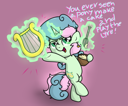 Size: 2410x2000 | Tagged: safe, artist:background basset, imported from derpibooru, bon bon, lyra heartstrings, sweetie drops, pony, unicorn, bipedal, bowl, dialogue, dough, dragon ball, fused, fusion, glowing, levitation, lyre, magic, mixing bowl, musical instrument, open mouth, potara, simple background, smug, solo, telekinesis, text