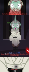 Size: 1280x3094 | Tagged: safe, artist:mlpjediqui-gon, imported from derpibooru, oc, oc:qui-ll song, pony, unicorn, zabrak, zebra, boots, comic, darth maul, jedi, lightsaber, looking at you, naboo, obi wan kenobi, obi-wan kenobi, offscreen character, pov, qui-gon jinn, quill, scenery, shoes, sith, star wars, star wars: the phantom menace, this will end in death, vector, weapon, wounded warriors