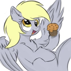 Size: 1280x1280 | Tagged: safe, artist:kusturbrick, imported from derpibooru, derpy hooves, pegasus, pony, chest fluff, cute, derpabetes, ear fluff, female, flying, food, happy, mare, muffin, open mouth, open smile, simple background, smiling, solo, spread wings, that pony sure does love muffins, white background, wings