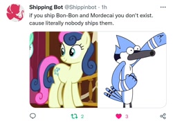 Size: 1080x775 | Tagged: safe, imported from derpibooru, bon bon, sweetie drops, crossover, crossover shipping, meta, mordecai, regular show, shipping, tempting fate, twitter