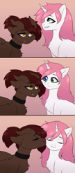 Size: 1290x3000 | Tagged: safe, imported from derpibooru, oc, oc only, oc:bubblegum kiss, oc:whiskey dreams, incubus, incubus pony, pony, unicorn, cheek kiss, chest fluff, choker, duo, female, heterochromia, horns, kissing, male