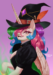 Size: 1754x2480 | Tagged: safe, artist:nire, imported from derpibooru, princess celestia, alicorn, anthro, arm hooves, bone, breasts, cleavage, clothes, dress, feather, female, hair over one eye, hat, horn, jewelry, lipstick, looking at you, makeup, smiling, smiling at you, solo, wings, witch, witch hat