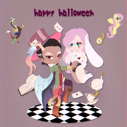 Size: 2048x2048 | Tagged: safe, artist:cryweas, imported from derpibooru, discord, fluttershy, draconequus, human, pegasus, animal costume, book, bunny costume, bunny ears, clothes, costume, discoshy, female, food, halloween, halloween costume, hat, heart, holiday, humanized, male, shipping, straight, tea, teapot, watch, wings