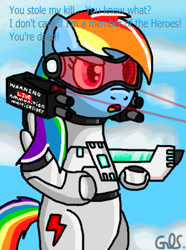 Size: 298x400 | Tagged: safe, artist:mudkip91/tetrahedron, imported from derpibooru, rainbow dash, pegasus, pony, cloud, colored text, crossover, dash-e, digital art, flying, gun, holding, mod of redemption, my little portal, portal (valve), sky, solo, talking, text, weapon