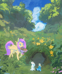 Size: 1573x1869 | Tagged: safe, artist:lykzoi, imported from derpibooru, angel bunny, fluttershy, pegasus, pony, rabbit, animal, basket, cute, doll, female, flower, g4, mare, mouth hold, outdoors, scenery, shyabetes, toy