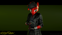 Size: 3840x2160 | Tagged: safe, artist:fireemerald123, imported from derpibooru, oc, oc only, oc:page feather, anthro, 3d, clothes, gun, handgun, jacket, leather, leather jacket, revolver, simple background, solo, source filmmaker, voidpunk, watermark