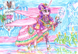 Size: 3298x2297 | Tagged: safe, artist:lubronyr, imported from derpibooru, princess cadance, alicorn, pony, alternate hairstyle, clothes, dress, female, high res, hologram, mare, traditional art
