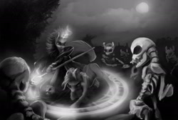 Size: 1920x1290 | Tagged: safe, artist:stdeadra, imported from derpibooru, oc, oc only, oc:anna, earth pony, pony, skeleton pony, unicorn, black and white, bone, cloak, clothes, female, fight, grayscale, magic, magic circle, monochrome, moon, necromancer, necromancy, night, skeleton, staff, wip