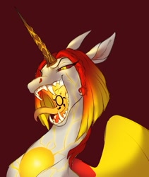 Size: 589x697 | Tagged: safe, artist:witherslayer73, imported from derpibooru, oc, oc only, oc:ayzat, alicorn, pony, alicorn oc, bust, cracked, female, glowing, glowing horn, horn, long tongue, mawshot, open mouth, red background, sharp teeth, simple background, solo, teeth, tongue out, wings