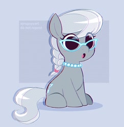 Size: 2042x2097 | Tagged: safe, artist:syrupyyy, imported from derpibooru, silver spoon, earth pony, pony, :o, abstract background, blushing, braid, cute, eye clipping through hair, female, filly, foal, g4, glasses, hair tie, jewelry, necklace, no catchlights, open mouth, pearl necklace, ponytober, silverbetes, sitting, solo, syrupyyy is trying to murder us