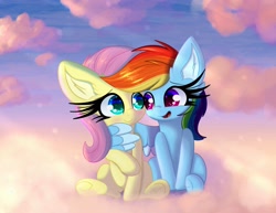 Size: 4096x3165 | Tagged: safe, artist:windykirin, imported from derpibooru, fluttershy, rainbow dash, pegasus, pony, best friends, cloud, cute, duo, ear fluff, female, g4, hug, long eyelashes, on a cloud, sitting, sitting on a cloud, winghug, wings