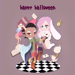 Size: 2048x2048 | Tagged: safe, alternate version, artist:cryweas, imported from derpibooru, discord, fluttershy, human, animal costume, book, bunny costume, bunny ears, bunny suit, card, clothes, costume, discoshy, female, food, male, shipping, straight, suit, tea, teapot