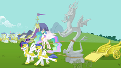 Size: 1280x720 | Tagged: safe, imported from derpibooru, discord, princess celestia, twilight sparkle, pegasus, unicorn, keep calm and flutter on, chariot, female, male, mare, pegasus royal guard, petrification, royal guard, stallion, statue, unicorn twilight