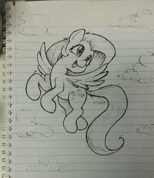 Size: 1080x1250 | Tagged: safe, artist:whiskeypanda, imported from derpibooru, fluttershy, pegasus, pony, cloud, cute, female, flying, g4, happy, ink drawing, lined paper, mare, open mouth, sky, solo, spread wings, traditional art, wings