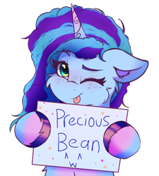 Size: 3379x3750 | Tagged: safe, artist:legionsunite, imported from derpibooru, pony, unicorn, :p, ;p, cute, freckles, g5, holding, misty brightdawn, mistybetes, my little pony: make your mark, one eye closed, sign, simple background, solo, tongue out, transparent background, unshorn fetlocks, wink