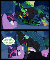 Size: 814x982 | Tagged: safe, artist:bigsnusnu, imported from derpibooru, queen chrysalis, twilight sparkle, changeling, changeling queen, unicorn, comic:dusk shine in pursuit of happiness, bruised, cave, cavern, clothes, dagger, dialogue, dusk shine, female, gloating, leaping, pinned, pinned down, rock, rule 63, struggling, surprised, tuxedo, weapon, yelling