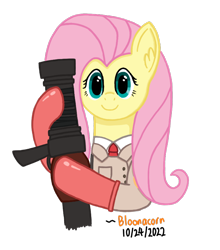 Size: 776x880 | Tagged: safe, artist:bloonacorn, imported from derpibooru, fluttershy, pony, /mlp/ tf2 general, bust, clothes, crossover, ear fluff, female, g4, hoof hold, looking at you, mare, medic, medigun, simple background, smiling, smiling at you, solo, team fortress 2, transparent background