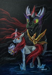 Size: 2265x3241 | Tagged: safe, artist:cahandariella, imported from derpibooru, king sombra, oc, oc:obsidian, bird, parrot, unicorn, black background, colored pencil drawing, concave belly, crying, crystal, dark, emaciated, friendship journal, parent:king sombra, ribs, shadow, simple background, skinny, starvation, teary eyes, thin, traditional art, water