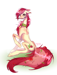 Size: 3068x4008 | Tagged: safe, artist:satan, imported from derpibooru, roseluck, earth pony, pony, brush, collar, commission, commissioner:doom9454, concave belly, cute, long legs, long tail, messy mane, messy tail, mouth hold, pony pet, rosepet, sitting, skinny, solo, tail, thin