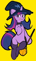 Size: 2400x4000 | Tagged: safe, artist:noria, imported from derpibooru, twilight sparkle, unicorn, broom, clothes, halloween, hat, holiday, mlp fim's twelfth anniversary, simple background, sketch, socks, solo, stockings, thigh highs, tongue out, witch hat, yellow background