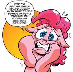 Size: 764x750 | Tagged: safe, artist:andypriceart, idw, imported from derpibooru, pinkie pie, earth pony, pony, spoiler:comic, dialogue, female, g4, mare, simple background, solo, speech bubble, white background