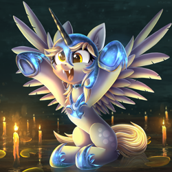 Size: 2000x2000 | Tagged: safe, artist:atlas-66, imported from derpibooru, derpy hooves, nightmare moon, pegasus, pony, candle, candles everywhere, clothes, colored, cosplay, costume, cute, derpabetes, fake horn, fangs, female, helmet, high res, hoof shoes, lighting, mare, nightmare moon armor, nightmare night costume, open mouth, peytral, raised hooves, slim, solo, spread wings, wings