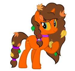 Size: 1728x1632 | Tagged: safe, artist:motownwarrior01, imported from derpibooru, oc, oc only, oc:jackie-lantern, pony, unicorn, braid, braided ponytail, cute, cutie mark, female, full body, hair tie, hooves, horn, leaves, ponytail, pumpkin, simple background, skull, smiling, solo, standing, transparent background